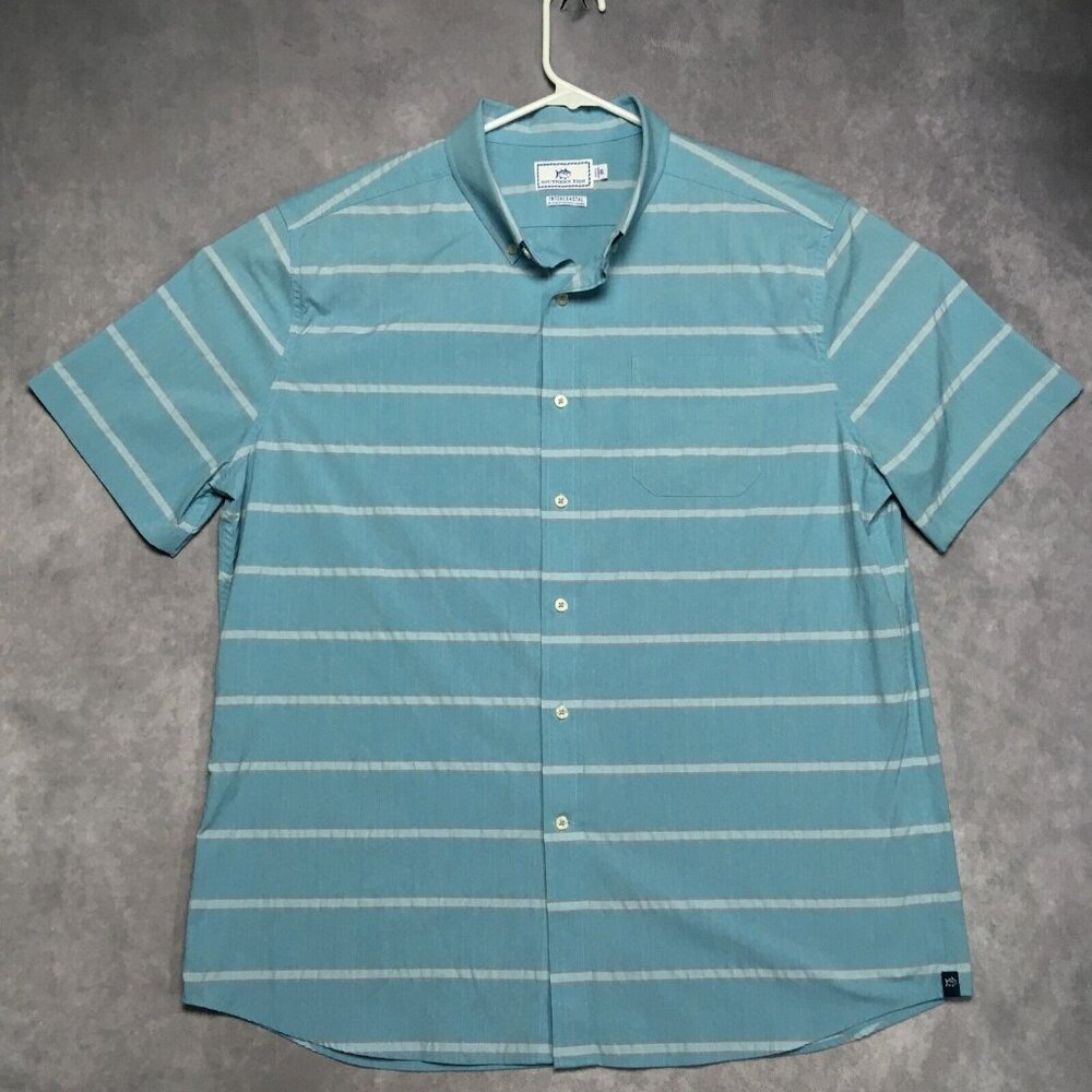 Southern Tide Mens Shirt size XL Button Up Short Sleeve‎ Blue Striped Stretch - Picture 14 of 15